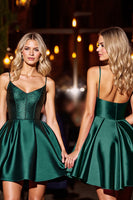 Load image into Gallery viewer, Dark Green A Line Short Satin Prom Dress with Beading