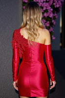 Load image into Gallery viewer, Red Bodycon Appliqued Satin Short Prom Dress with Sleeves