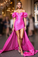 Load image into Gallery viewer, Fuchsia Satin High Low Short Bodycon Prom Dress
