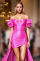 Load image into Gallery viewer, Fuchsia Satin High Low Short Bodycon Prom Dress