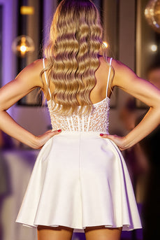 White Corset A Line Short Satin Prom Dress with Lace