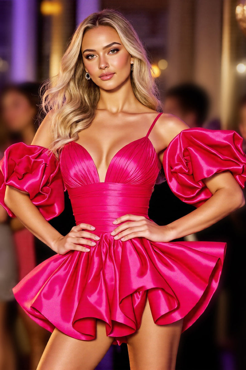 Load image into Gallery viewer, Fuchsia Cold Shoulder A Line Satin Short Prom Dress