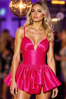 Load image into Gallery viewer, Fuchsia Cold Shoulder A Line Satin Short Prom Dress