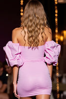 Load image into Gallery viewer, Sparkly Pink Off the Shoulder Satin Short Prom Dress with Sequins