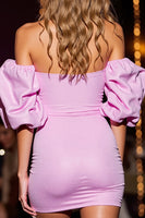 Load image into Gallery viewer, Sparkly Pink Off the Shoulder Satin Short Prom Dress with Sequins