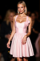 Load image into Gallery viewer, Pink A Line Short Satin Prom Dress with 3D Flowers