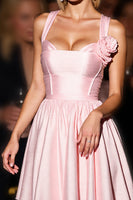Load image into Gallery viewer, Pink A Line Short Satin Prom Dress with 3D Flowers