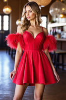 Load image into Gallery viewer, Red Satin A Line Corset Short Prom Dress with Feathers