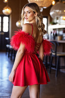 Load image into Gallery viewer, Red Satin A Line Corset Short Prom Dress with Feathers