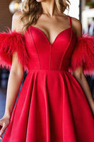 Load image into Gallery viewer, Red Satin A Line Corset Short Prom Dress with Feathers