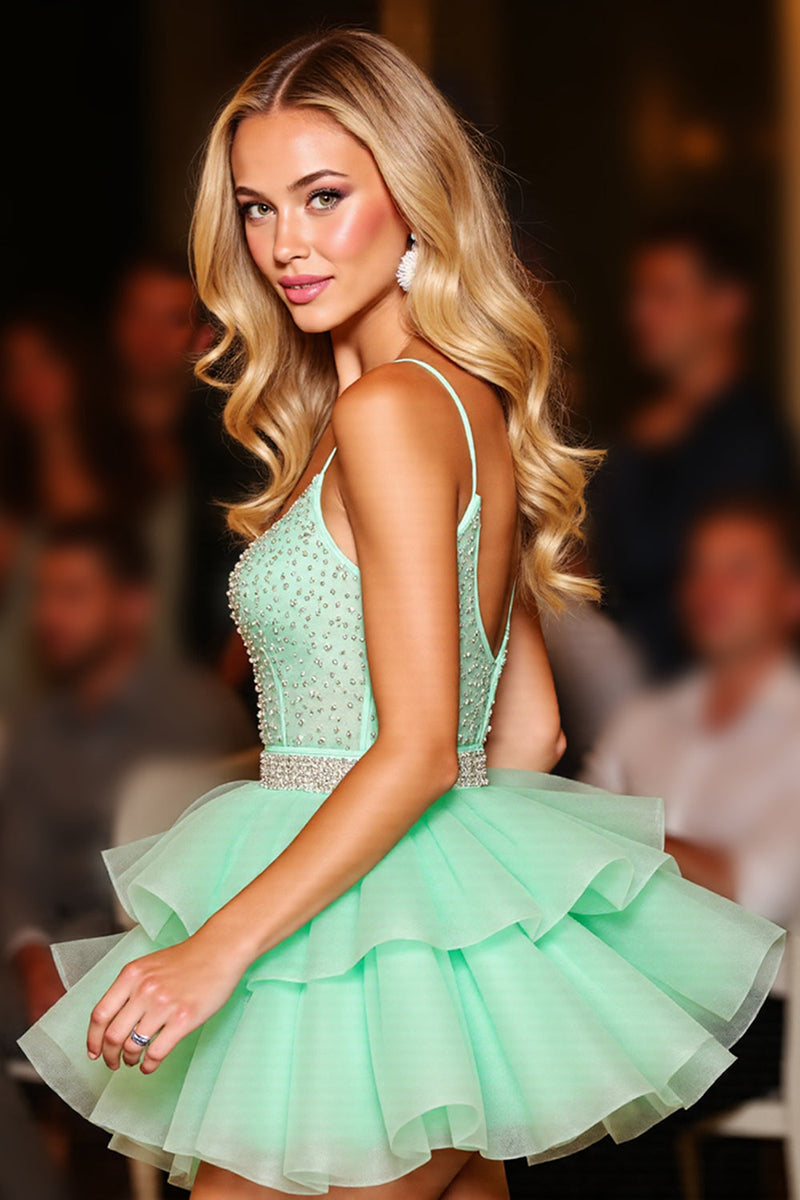 Load image into Gallery viewer, Sparkly Green A Line Tulle Short Prom Dress with Beading