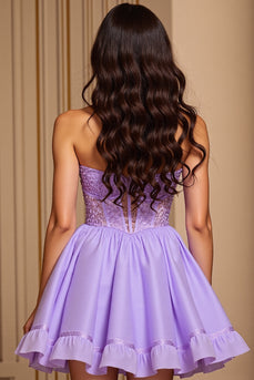 Purple Corset A Line Strapless Short Prom Dress with Sequins