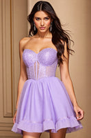 Load image into Gallery viewer, Purple Corset A Line Strapless Short Prom Dress with Sequins