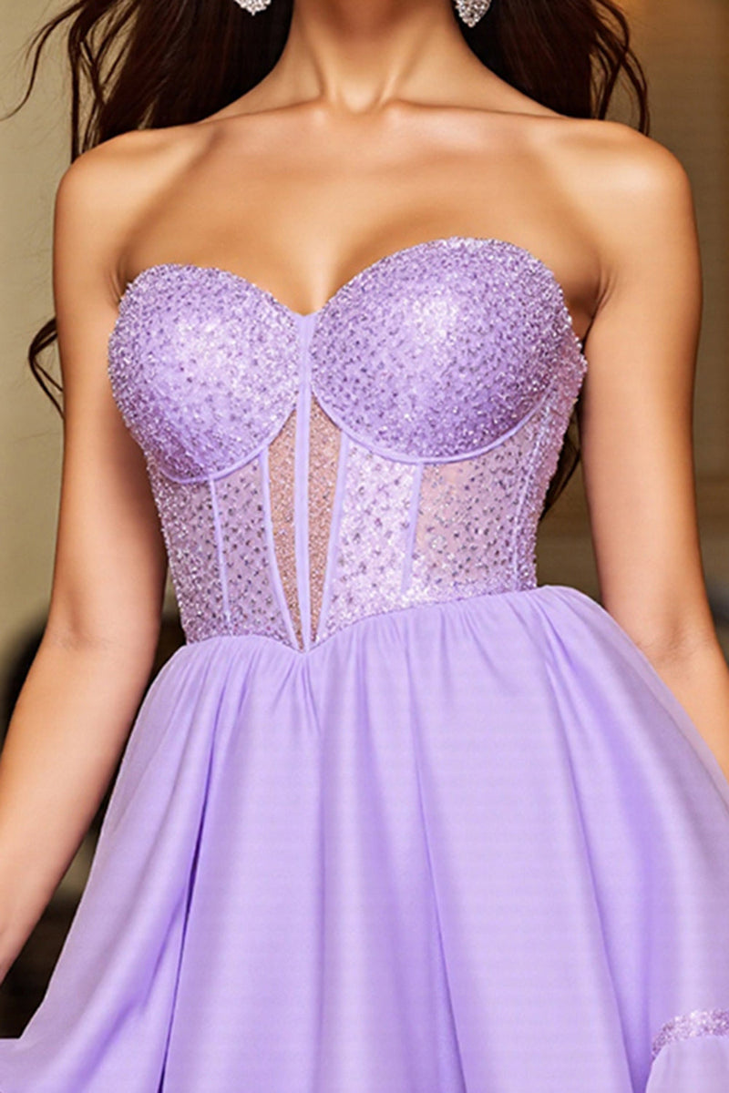 Load image into Gallery viewer, Purple Corset A Line Strapless Short Prom Dress with Sequins