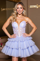 Load image into Gallery viewer, Lavender A Line Corset Strapless Tulle Short Prom Dress