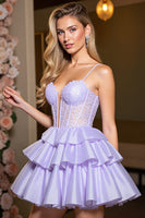 Load image into Gallery viewer, Lavender A Line Satin Corset Short Prom Dress with Appliques