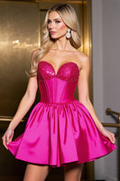 Load image into Gallery viewer, Sparkly Fuchsia Satin Corset Sweetheart Short Prom Dress