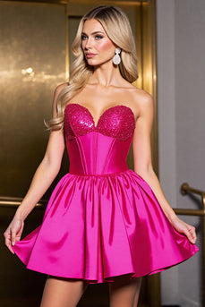 Sparkly Fuchsia Satin Corset Sweetheart Short Prom Dress