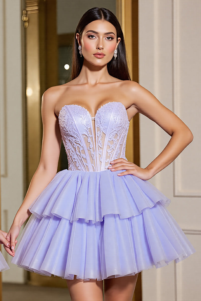 Load image into Gallery viewer, Lavender Tulle Corset A Line Short Prom Dress with Appliques