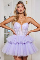 Load image into Gallery viewer, Lavender Corset Tulle A Line Strapless Short Prom Dress