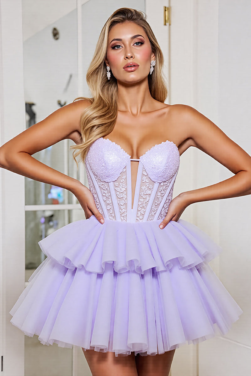 Load image into Gallery viewer, Lavender Corset Tulle A Line Strapless Short Prom Dress