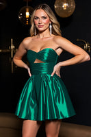 Load image into Gallery viewer, Dark Green Satin A Line Ruched Strapless Short Prom Dress