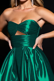 Dark Green Satin A Line Ruched Strapless Short Prom Dress
