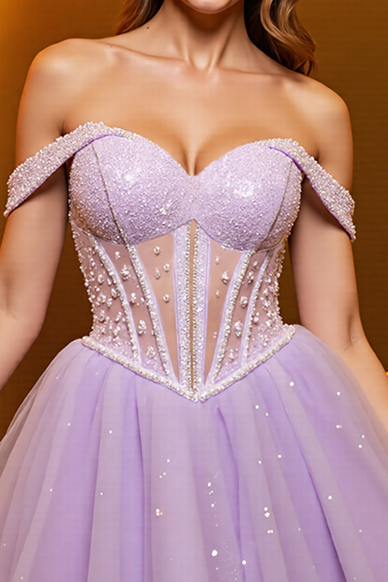 Load image into Gallery viewer, Lilac Corset Off the Shoulder A Line Tulle Short Prom Dress