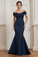 Load image into Gallery viewer, Navy Satin Mermaid Maxi Mother of the Bride Dress with Appliques