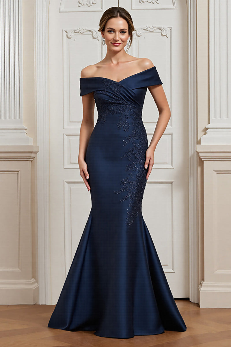 Load image into Gallery viewer, Navy Satin Mermaid Maxi Mother of the Bride Dress with Appliques