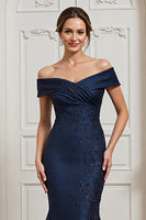 Load image into Gallery viewer, Navy Satin Mermaid Maxi Mother of the Bride Dress with Appliques