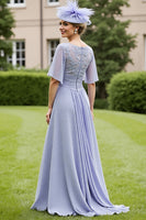 Load image into Gallery viewer, Grey Blue Chiffon A Line Maxi Mother of the Bride Dress with Appliques