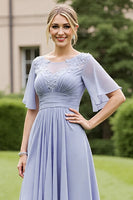 Load image into Gallery viewer, Grey Blue Chiffon A Line Maxi Mother of the Bride Dress with Appliques