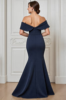 Load image into Gallery viewer, Navy Satin Off the Shoulder Maxi Mother of the Bride Dress with Appliques
