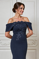 Load image into Gallery viewer, Navy Satin Off the Shoulder Maxi Mother of the Bride Dress with Appliques