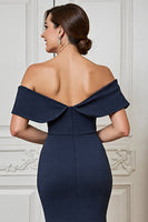 Load image into Gallery viewer, Navy Satin Off the Shoulder Maxi Mother of the Bride Dress with Appliques
