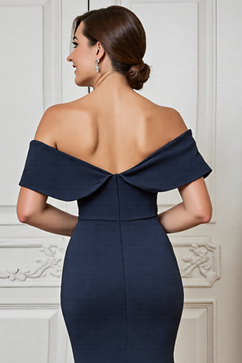 Load image into Gallery viewer, Navy Satin Off the Shoulder Maxi Mother of the Bride Dress with Appliques
