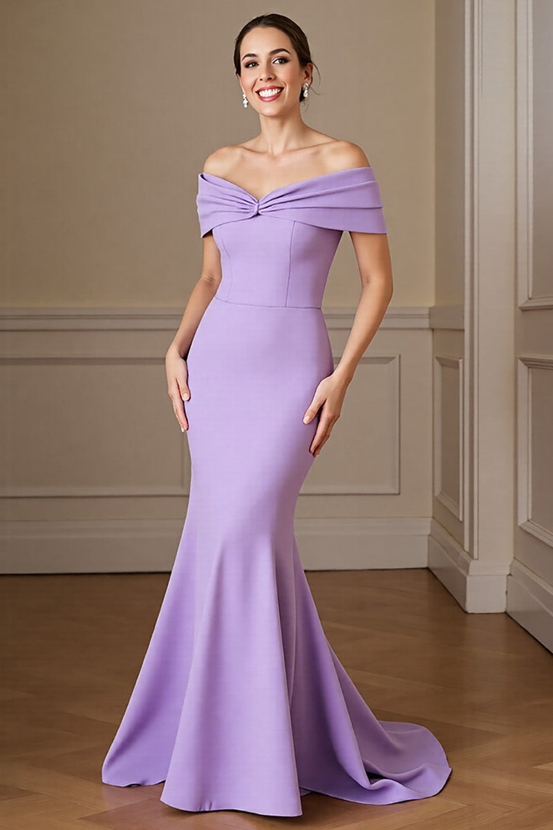 Load image into Gallery viewer, Lilac Satin Off the Shoulder Mermaid Maxi Mother of the Bride Dress