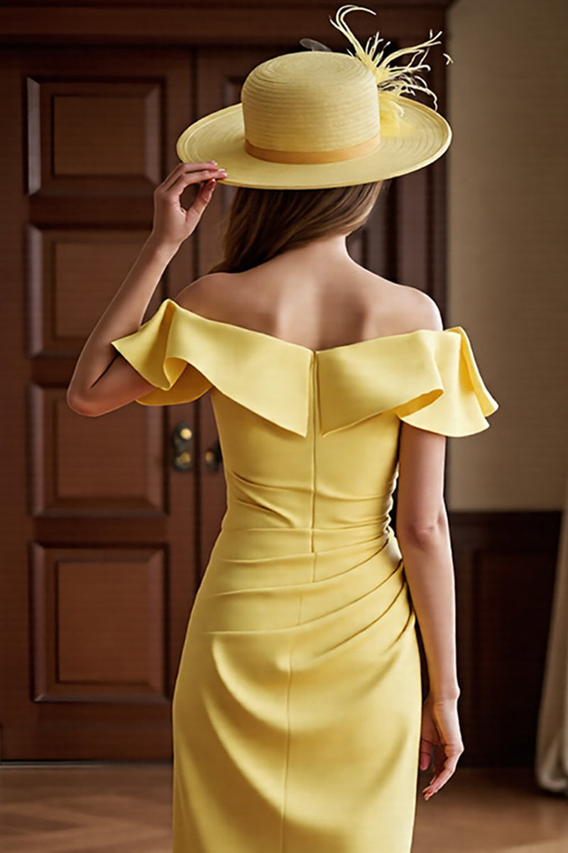 Load image into Gallery viewer, Daffodil Bodycon Off the Shoulder Satin Midi Mother of the Bride Dress