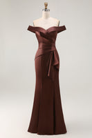 Load image into Gallery viewer, Brown Satin Mermaid Maxi Mother of the Bride Dress with Ruffles
