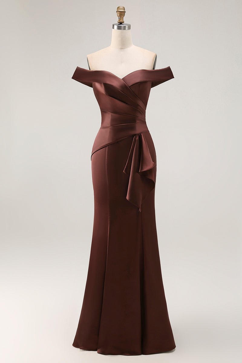 Load image into Gallery viewer, Brown Satin Mermaid Maxi Mother of the Bride Dress with Ruffles