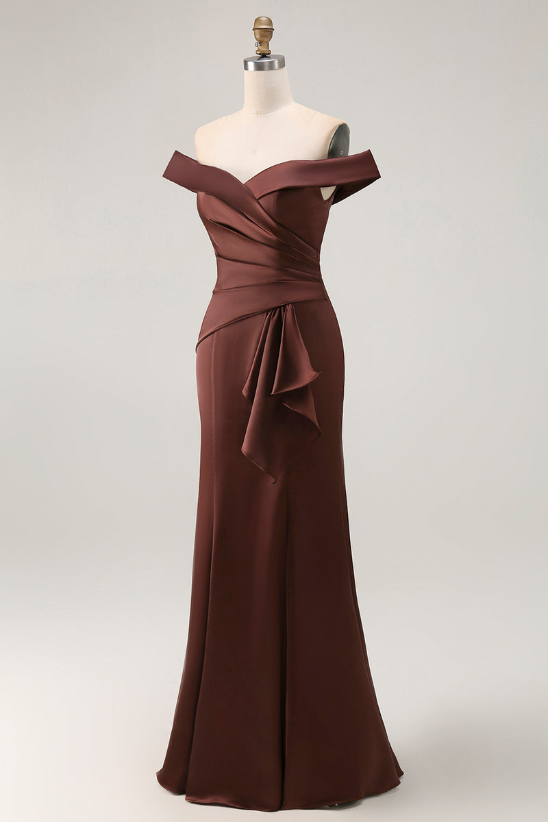 Load image into Gallery viewer, Brown Mermaid Satin Maxi Mother of the Groom Dress with Ruffles