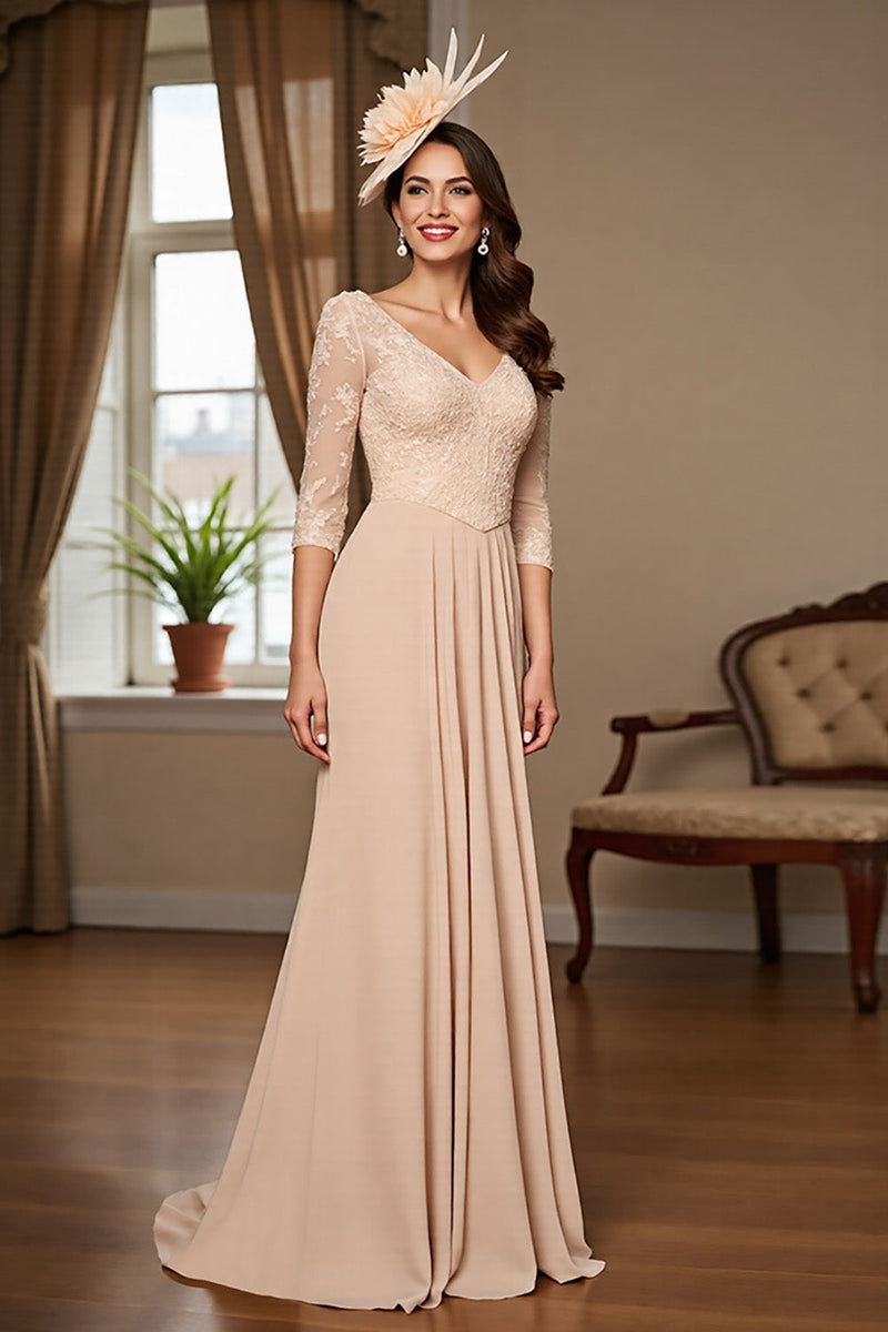 Load image into Gallery viewer, Apricot Satin A Line Maxi Mother of the Bride Dress with Lace