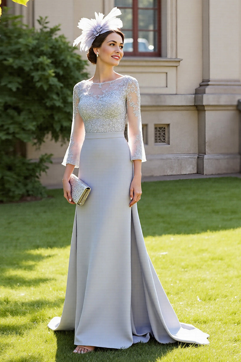 Load image into Gallery viewer, Silver Satin A Line Maxi Mother of the Bride Dress with Lace