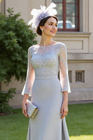 Load image into Gallery viewer, Silver Satin A Line Maxi Mother of the Bride Dress with Lace
