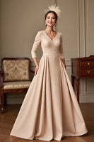 Load image into Gallery viewer, Apricot A Line Satin V-Neck Maxi Mother of the Bride Dress with Lace