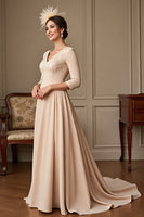 Load image into Gallery viewer, Apricot A Line Satin V-Neck Maxi Mother of the Bride Dress with Lace