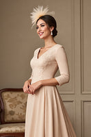 Load image into Gallery viewer, Apricot A Line Satin V-Neck Maxi Mother of the Bride Dress with Lace