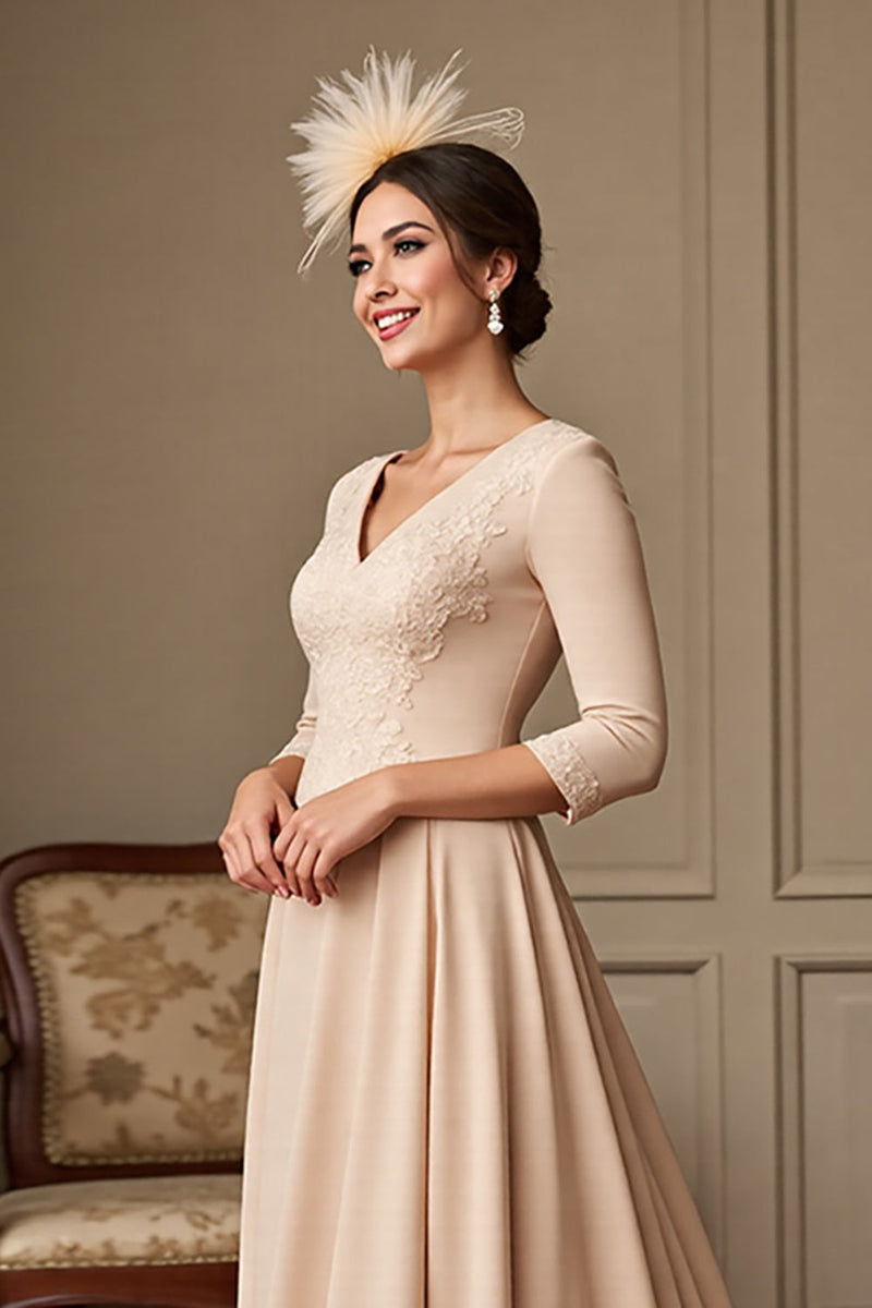 Load image into Gallery viewer, Apricot A Line Satin V-Neck Maxi Mother of the Bride Dress with Lace