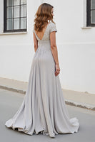 Load image into Gallery viewer, Silver Chiffon A Line Maxi Mother of the Bride Dress with Appliques